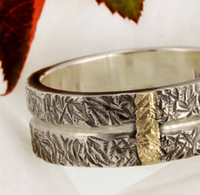 Rustic Mens Band, Mens Ring, Silver & 14K Solid Gold Ring, Wide Men Band, 9mm Ring, Mens Gift, RS-1299