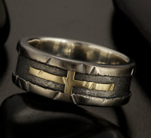 Mens Ring, 14K Gold Cross Silver or Copper, Mens Womens Wedding Band, Gift for men, 10mm ring RS-1408