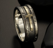 Mens Wedding Ring, Mens Wedding Band, Engagement Ring, Rustic 14K Gold Cross Silver or Copper ring, Gift for men,  RS-1408