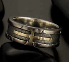 Mens Wedding Ring, Mens Wedding Band, Engagement Ring, Rustic 14K Gold Cross Silver or Copper ring, Gift for men,  RS-1408