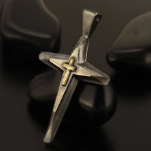 Handmade Cross Pendant, Cross Pendant, Mens Cross Sterling Silver and 14K Gold Pendant, Cross Jewelry, P-117-S