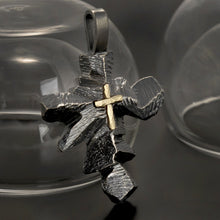 Large Mens Cross Pendant, Sterling Silver & 14K Gold, Rustic Cross, P-119