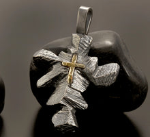 Large Mens Cross Pendant, Sterling Silver & 14K Gold, Rustic Cross, P-119