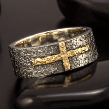 Mens Celtic Cross Wedding Band, Sterling Silver & 14K Gold Ring, 1205-A