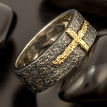 Mens Celtic Cross Wedding Band, Sterling Silver & 14K Gold Ring, 1205-A
