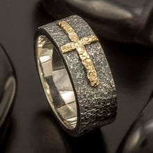 Mens Celtic Cross Wedding Band, Sterling Silver & 14K Gold Ring, 1205-A
