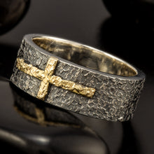 Mens Celtic Cross Wedding Band, Sterling Silver & 14K Gold Ring, 1205-A