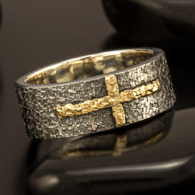 Mens Celtic Cross Wedding Band, Sterling Silver & 14K Gold Ring, 1205-A