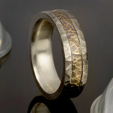 Hammered Men's Wedding Band, 14K Gold & Sterling Silver Ring, Rustic Men's Ring, Handmade Band, RS-1228