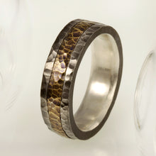 Hammered Men's Wedding Band, 14K Gold & Sterling Silver Ring, Rustic Men's Ring, Handmade Band, RS-1228
