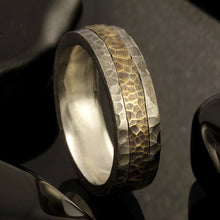 Hammered Men's Wedding Band, 14K Gold & Sterling Silver Ring, Rustic Men's Ring, Handmade Band, RS-1228