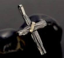 Mens Cross Pendant, Sterling Silver & 14K Gold Cross, Rustic Cross, P-123
