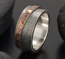 Sterling Silver Wedding Band, Men's Silver Ring, Rustic Copper Ring, Handmade Wide Wedding Band, Artisan Ring Gift, RS-1244