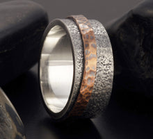 Sterling Silver Wedding Band, Men's Silver Ring, Rustic Copper Ring, Handmade Wide Wedding Band, Artisan Ring Gift, RS-1244