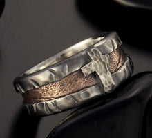 Men's Rustic Cross Wedding Band, Silver & Copper Ring, RS-1255
