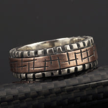 Mens Wedding Band, Sterling Silver & Copper Geometric Ring, RS-1276