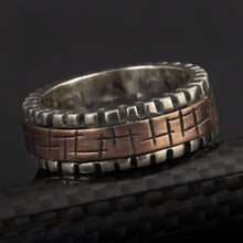 Mens Wedding Band, Sterling Silver & Copper Geometric Ring, RS-1276