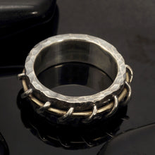 Rustic Mens Wedding Band, Sterling Silver & 14K Gold Ring, RS-1284