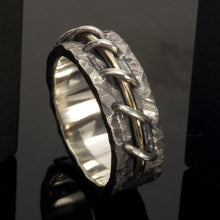 Rustic Mens Wedding Band, Sterling Silver & 14K Gold Ring, RS-1284