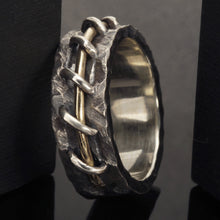 Rustic Mens Wedding Band, Sterling Silver & 14K Gold Ring, RS-1284