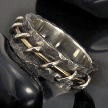 Rustic Mens Wedding Band, Sterling Silver & 14K Gold Ring, RS-1284