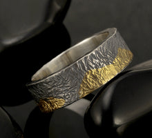Mountains Ring, Mens Wedding Band, Sterling Silver & 24K Gold, RS-1286