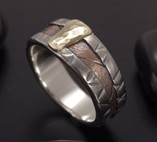 Mixed Metal Mens Wedding Band, Sterling Silver Copper & 14K Gold, RS-1291
