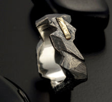 Mens Wedding Band, Sterling Silver & 14K Gold, Rustic Mens Ring, RS-1303
