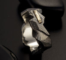 Mens Wedding Band, Sterling Silver & 14K Gold, Rustic Mens Ring, RS-1303