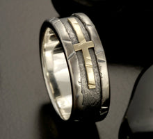 14K Gold Cross Ring, Sterling Silver Men's Wedding Band, Handmade Christian Ring, Gift for Him, RS-1408