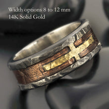 Mens Cross Ring, Sterling Silver Copper & 14K Gold, Christian Ring, RS-1417