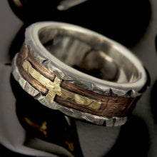 Mens Cross Ring, Sterling Silver Copper & 14K Gold, Christian Ring, RS-1417