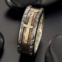 Mens Cross Ring, Sterling Silver Copper & 14K Gold, Christian Ring, RS-1417