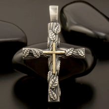 Mens Cross Pendant, Sterling Silver & 14K Gold, Antique Cross, P-149