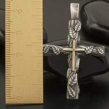 Mens Cross Pendant, Sterling Silver & 14K Gold, Antique Cross, P-149