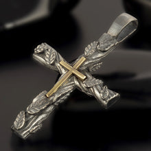 Mens Cross Pendant, Sterling Silver & 14K Gold, Antique Cross, P-149