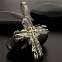 Handmade Cross Pendant, Mens Cross necklace, Sterling Silver and 14K Solid Gold, Religious Mens Pendant, P-153