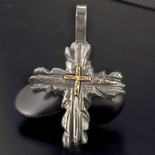 Handmade Cross Pendant, Mens Cross necklace, Sterling Silver and 14K Solid Gold, Religious Mens Pendant, P-153