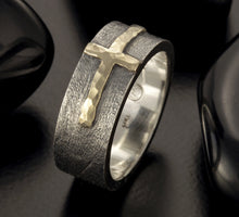 Mens Cross Ring, Sterling Silver & 14K Gold Christian Wedding Band, RS-1205