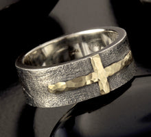 Mens Cross Ring, Sterling Silver & 14K Gold Christian Wedding Band, RS-1205