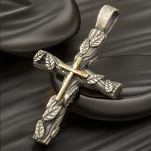 Mens Cross Pendant, Sterling Silver & 14K Gold, Antique Cross, P-149