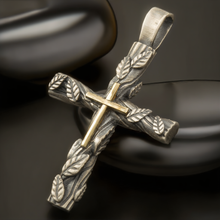 Mens Cross Pendant, Sterling Silver & 14K Gold, Antique Cross, P-149