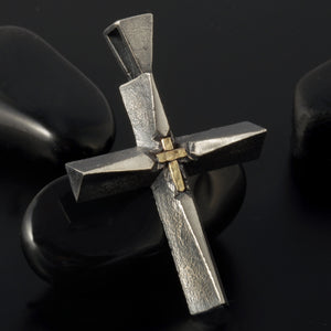 Mens Cross Pendant Silver and 14K Gold Handmade, Vintage style, Mens Cross Sterling Silver Handmade Pendant, Cross Jewelry, P-154