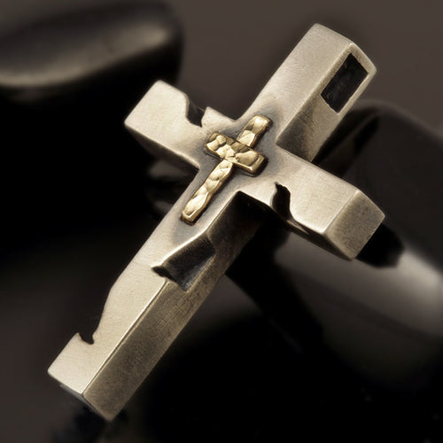 Mens Cross Pendant, Silver and 14K solid Gold Handmade Cross Pendant, Mens Cross Silver Handmade Pendant, Cross Jewelry, P-150