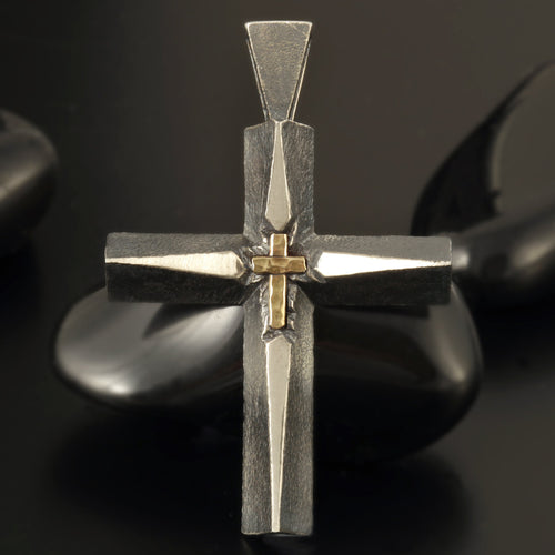 Mens Cross Pendant Silver and 14K Gold Handmade, Vintage style, Mens Cross Sterling Silver Handmade Pendant, Cross Jewelry, P-154