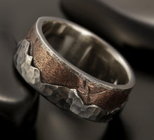 Mens nature-inspired wedding band with a rugged, mixed metal artisan finish