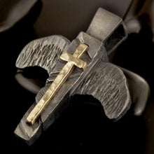 Handcrafted P-136 Guardian Pendant featuring a solid 14K gold cross on textured sterling silver angel wings. Brutalist artisan jewelry for men with a rustic oxidized finish.