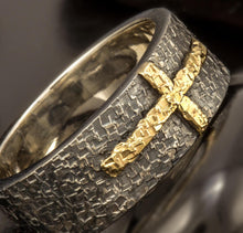Rustic Cross Ring: Silver & 14K Gold Mens Design- RS-1205-A