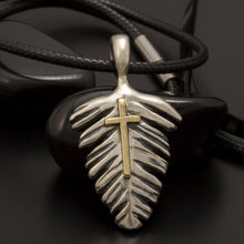 Sterling Silver 14K Gold Cross Pendant, Feather Handmade Jewelry, Religious Christian Gift - P-160