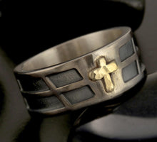 Two Tone Cross Ring, Sterling Silver & 14K Gold Ring, Men's Cross Band, Christian Wedding Ring, Rustic Unisex Ring RS-1412